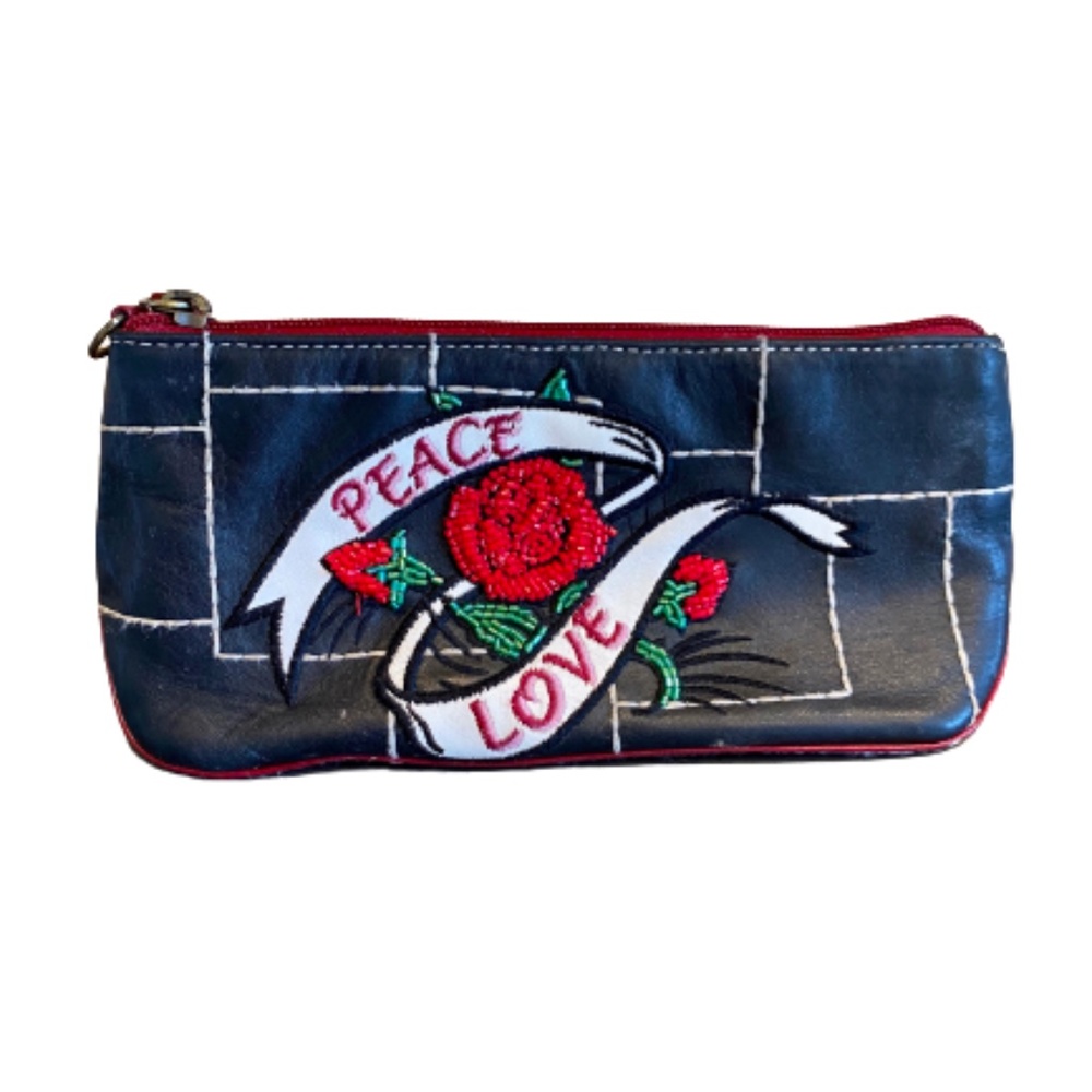 Isabella Fiore Leather Clutch Wristlet Peace Love Beaded Embroidered Roses